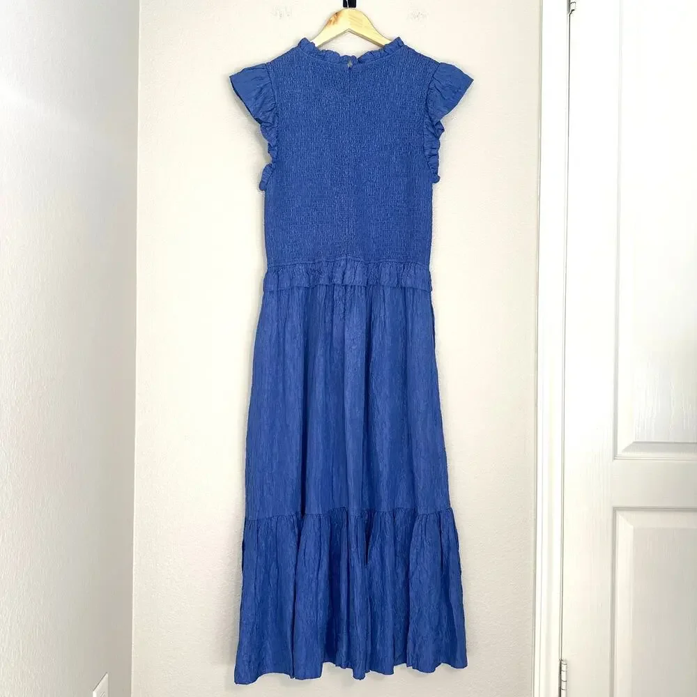 Sea New York‎ Blue Siya Dress, Silk, Smocked Midi Tiered, Spring, Resort, XL - Picture 5 of 13